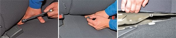 Используя длинный торцевой ключ 12 мм, на сиденье заднего ряда открутите крепежный болт и освободите 2 монтажных кронштейна от креплений, приподняв передний край сидений.
