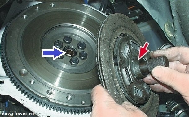 Синяя стрелка указывает место установки фиксирующего штифта. Красная стрелка указывает на диск сцепления и находящуюся в нем оправку, которую необходимо снять при демонтаже диска.
